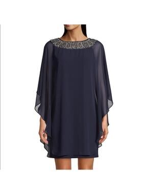 Xscape Mini Cape Dress Navy Blue 10 USA Beaded Chiffon Silver Wedding Guest